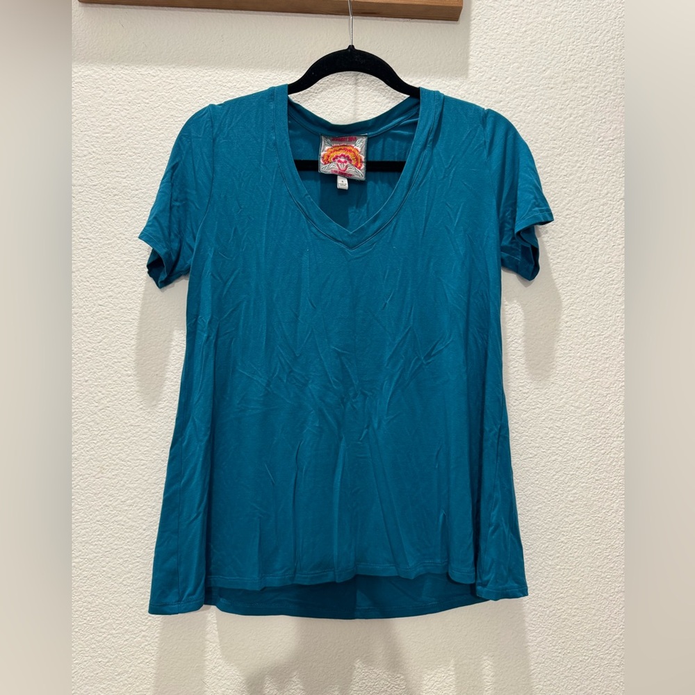Johnny Was swing-style V-neck tee with short sleeves in turquoise